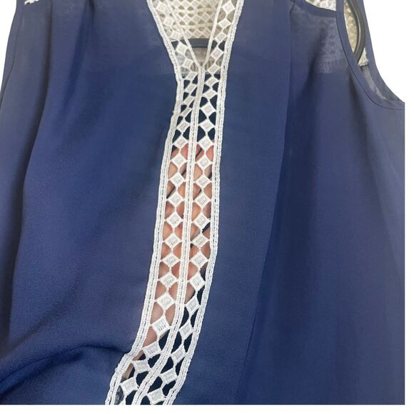 Sleeveless Sheer Tank Top Blouse Size PM Lace V-Neck Blue White - Picture 3 of 7